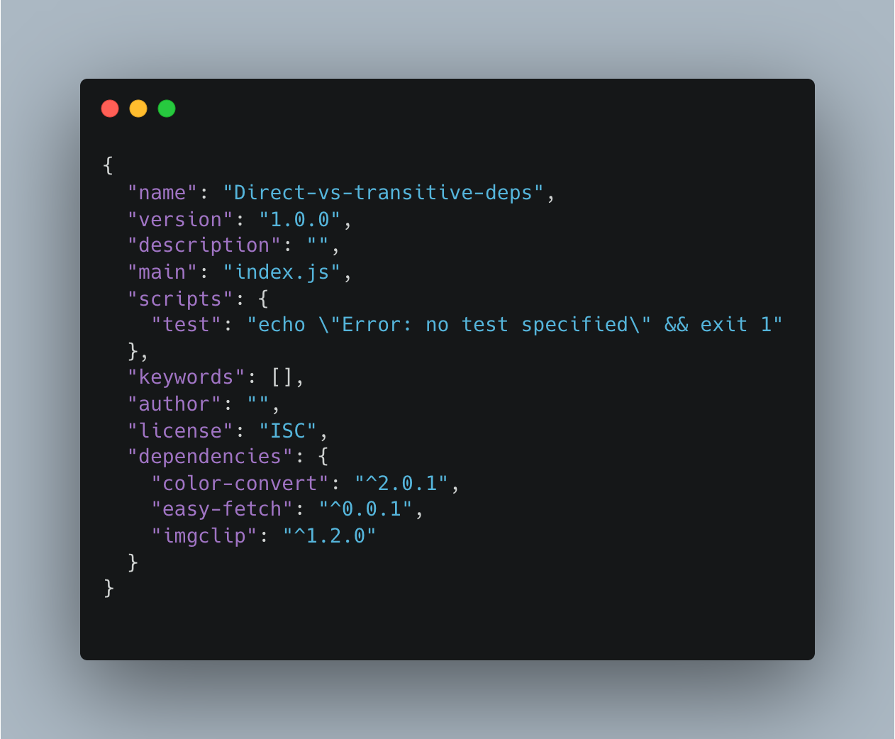 {   "name": "Direct-vs-transitive-deps",   "version": "1.0.0",   "description": "",   "main": "index.js",   "scripts": {     "test": "echo \"Error: no test specified\" && exit 1"   },   "keywords": [],   "author": "",   "license": "ISC",   "dependencies": {     "color-convert": "^2.0.1",     "easy-fetch": "^0.0.1",     "imgclip": "^1.2.0"   } }